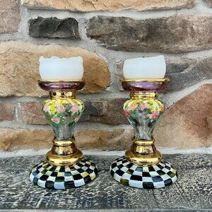 RARE!  Fabulous MacKenzie-Childs Glass Circus Painted Awning Candle Holders